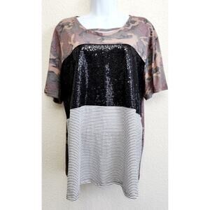 Southern Grace Brown Black White Camo Striped Sequin Top 2XL Plus Lightweight